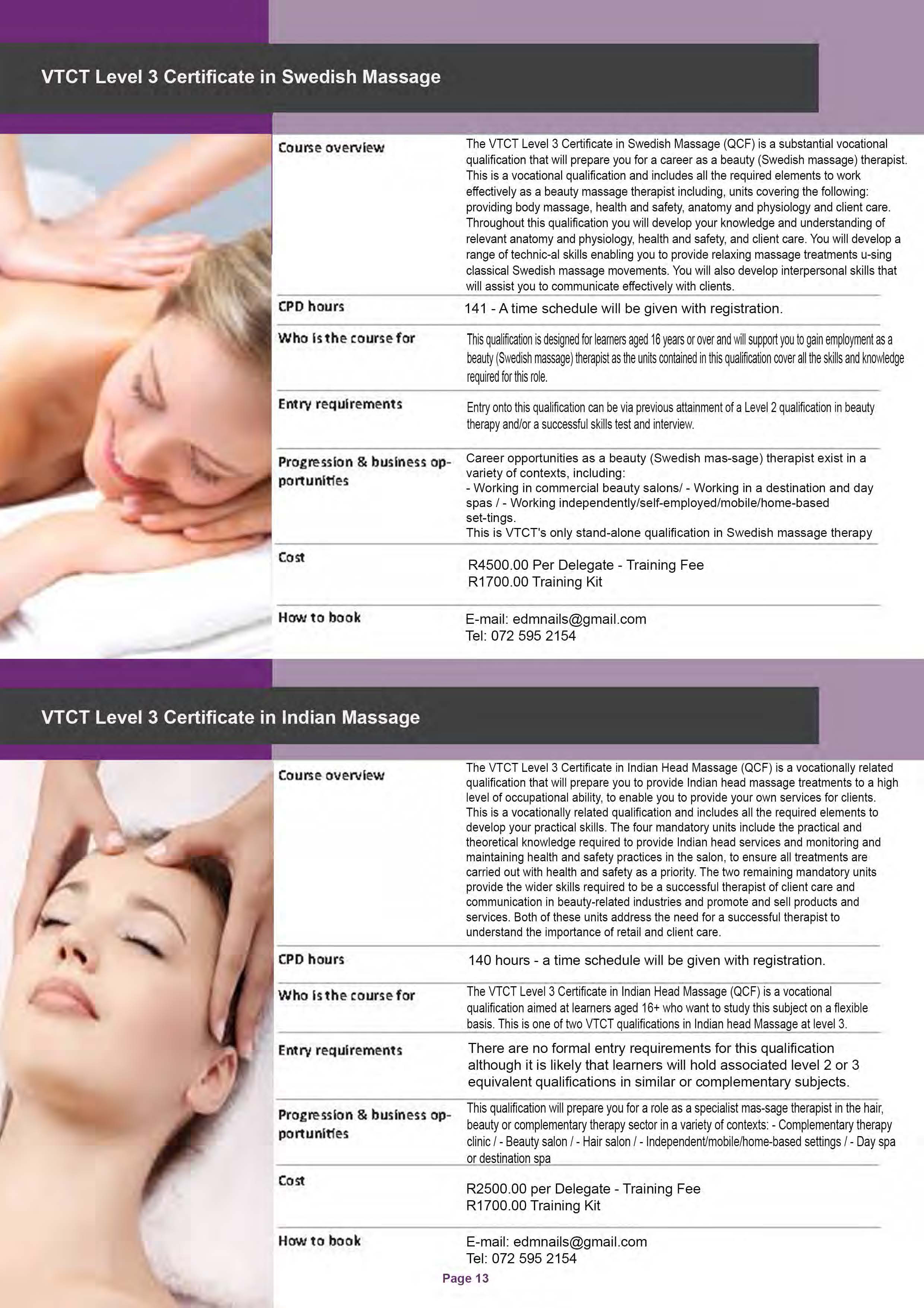 VTCT Level 3 Certificate in Swedish Massage & VTCT Level 3 Certificate in Indian Massage